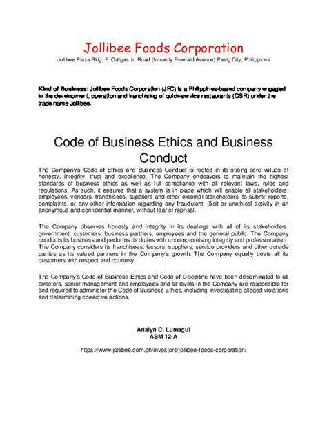code of ethics of jollibee|Jollibee Code of Ethics .